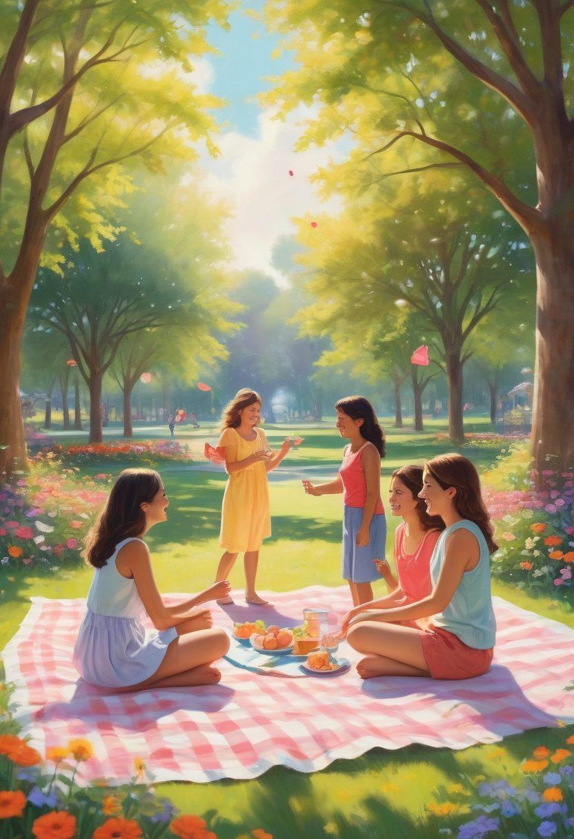 A whimsical scene depicting a group of diverse women laughing together in a sunlit park, surrounded by colorful flowers and playful cartoon animals. They are engaged in lighthearted activities like picnicking, flying kites, and sharing jokes, exuding joy and camaraderie. Soft pastel colors enhance the cheerful atmosphere, while a light breeze ruffles their hair. Illustrative style with a playful, dreamy quality. pastel colors. cartoon style.