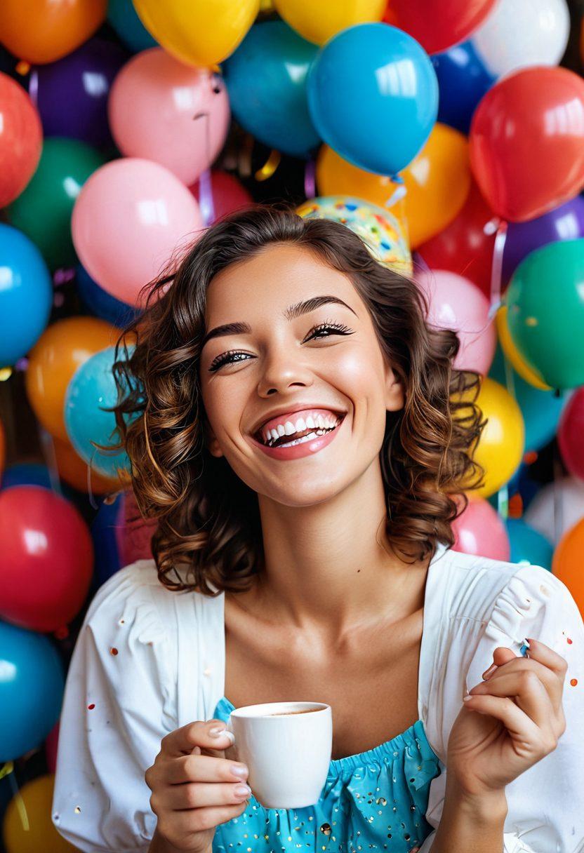 A joyful woman laughing heartily in a chic café surrounded by colorful balloons and playful confetti. In the background, whimsical illustrations of quirky characters and comedic quotes float through the air, creating a lighthearted atmosphere. The woman is sipping a coffee, with a bright smile and sparkling eyes, embodying joy and positivity. The scene is bathed in warm, cheerful colors, exuding a carefree spirit. vivid colors. digital art.