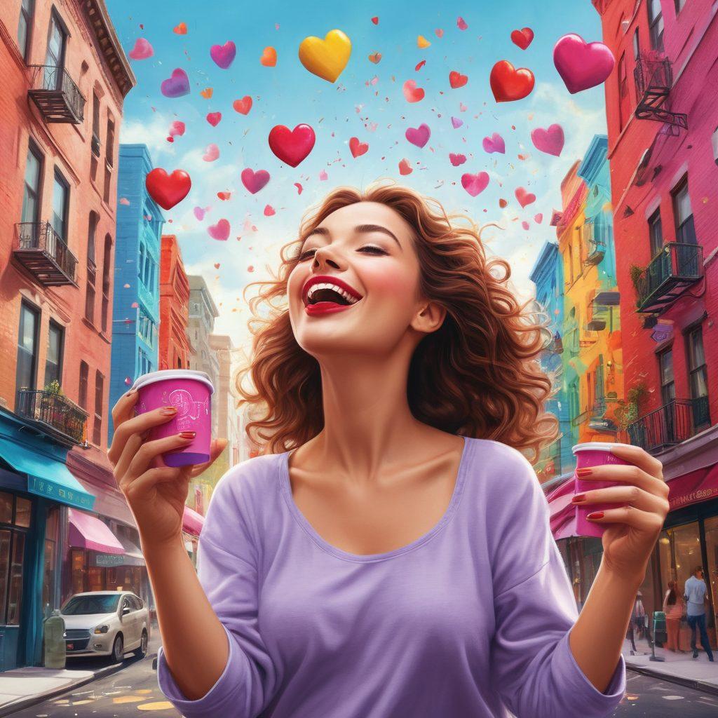 A whimsical, vibrant illustration of a woman joyfully juggling hearts, laughter, and everyday objects like lipstick and coffee cups, surrounded by playful doodles representing relationship tips and funny anecdotes. The background features a colorful, vibrant cityscape that exudes a light-hearted and playful vibe. super-realistic. vibrant colors. 3D.
